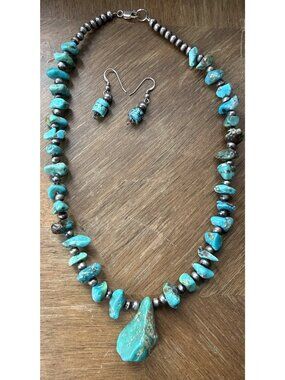 Vintage Navajo Silver Pearl And Turquoise Nugget Necklace Earrings Jewelry Set
